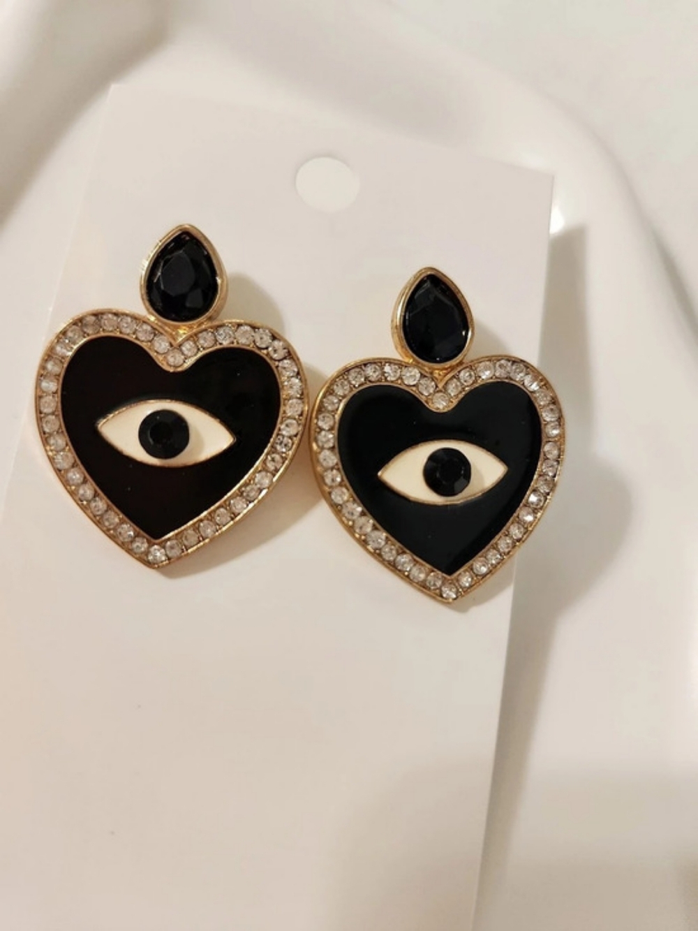 Black White & Gold Heart Evil Eye Drop Earrings Like New